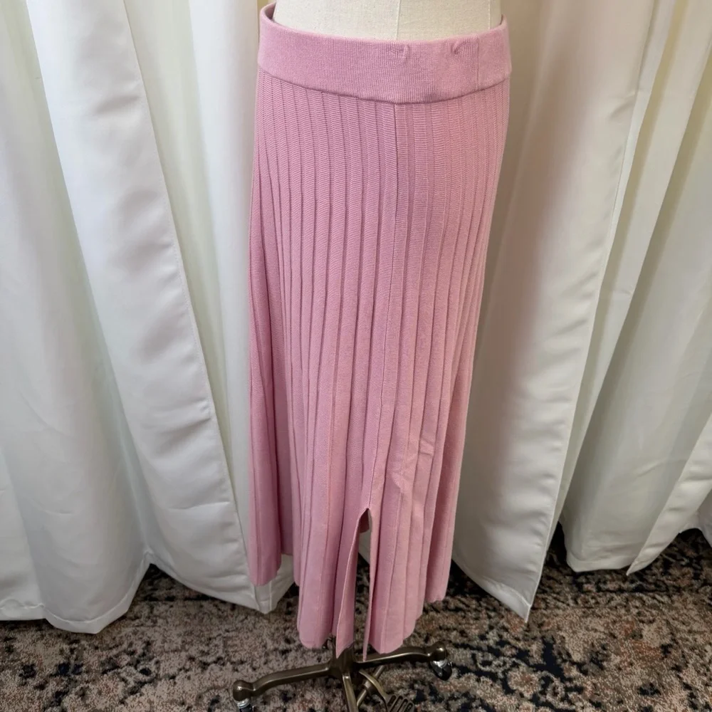 NWT Saks Fifth Avenue Pink Stretch Knit Wide Ribbed Midi Skirt w/ Slit Size S